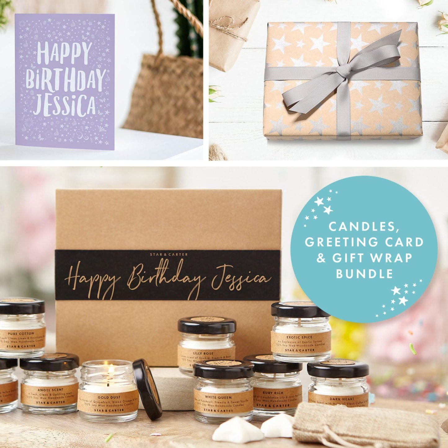 Personalised Large Candle Gift Set bundle, Birthday card and gift wrap included
