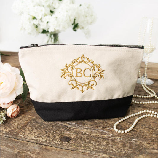 Crest Monogram Embroidered Makeup Bag