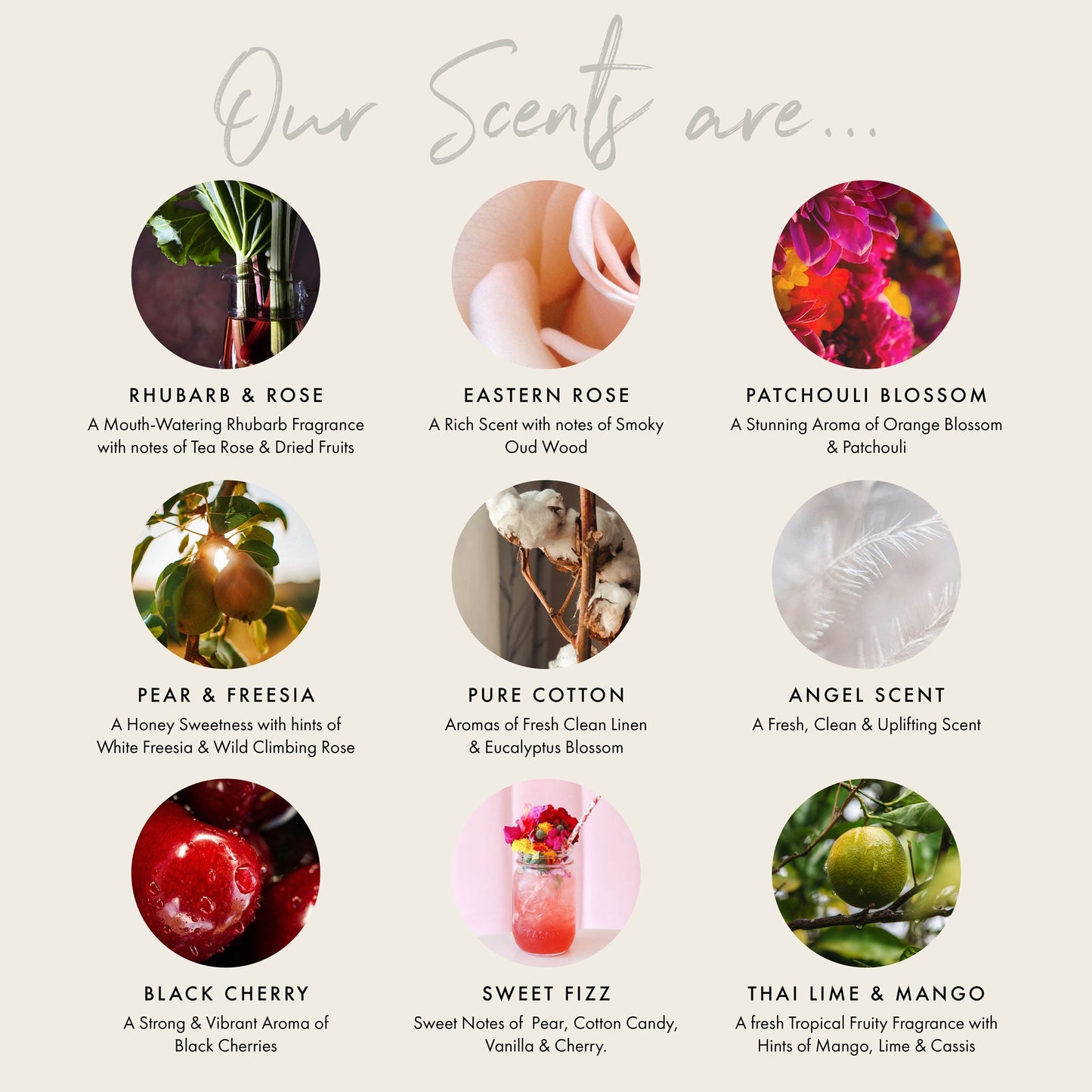 Fragrance choices, rhubarb and rose, Eastern rose, patchouli blossom, pear and freesia, pure cotton, angel scent, black cherry, sweet fizz, thai lime and mango