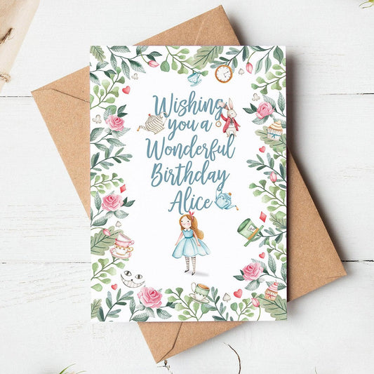 Alice in wonderland personalised birthday card