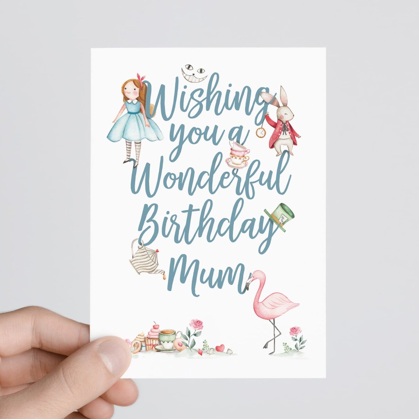 person holding Alice in wonderland personalised birthday card 