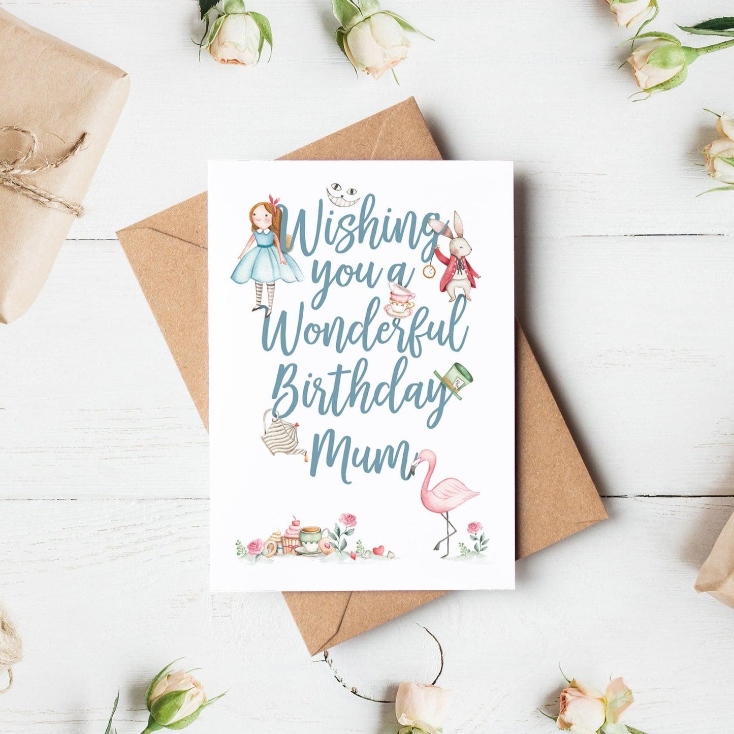 Alice in wonderland personalised birthday card with blue text