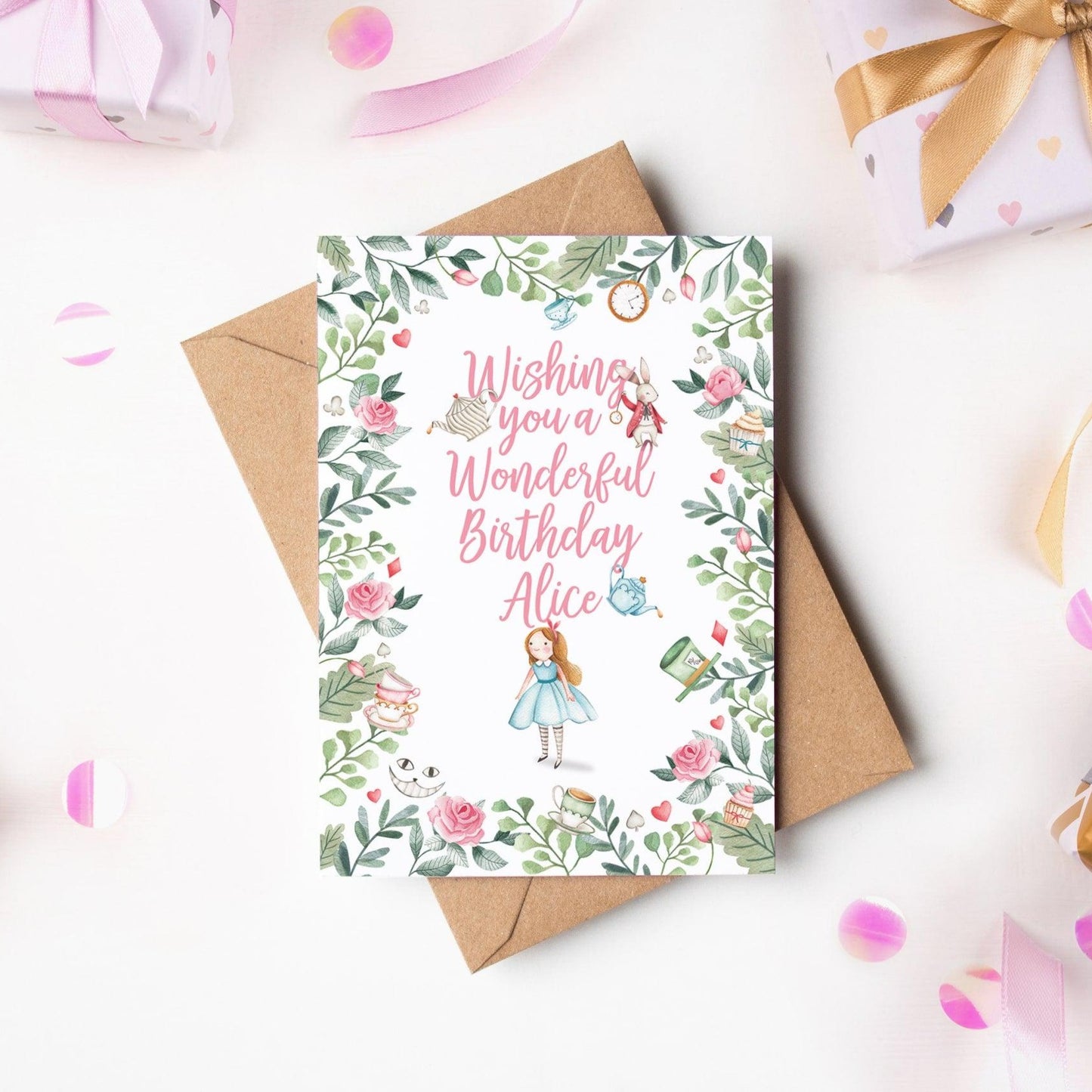 Alice in wonderland personalised birthday card with pink copy