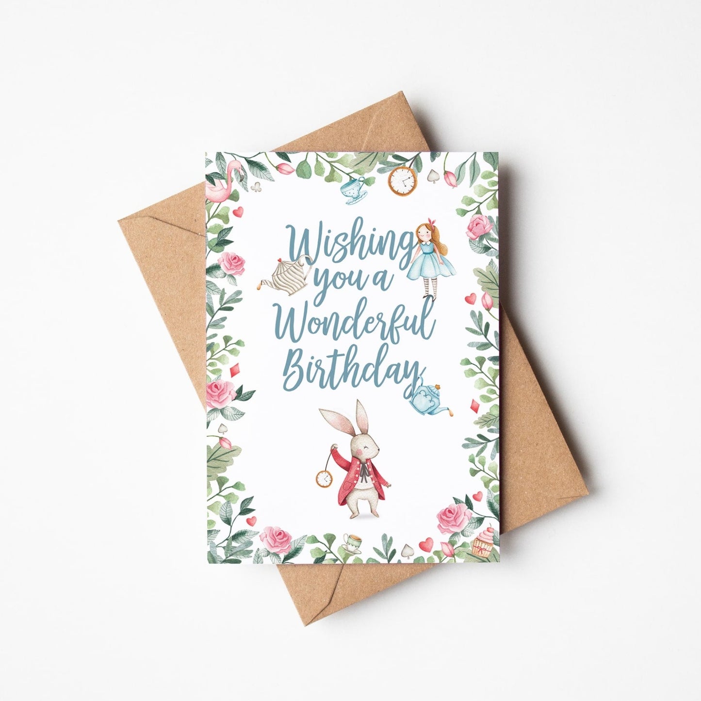 Alice in wonderland birthday card with blue text