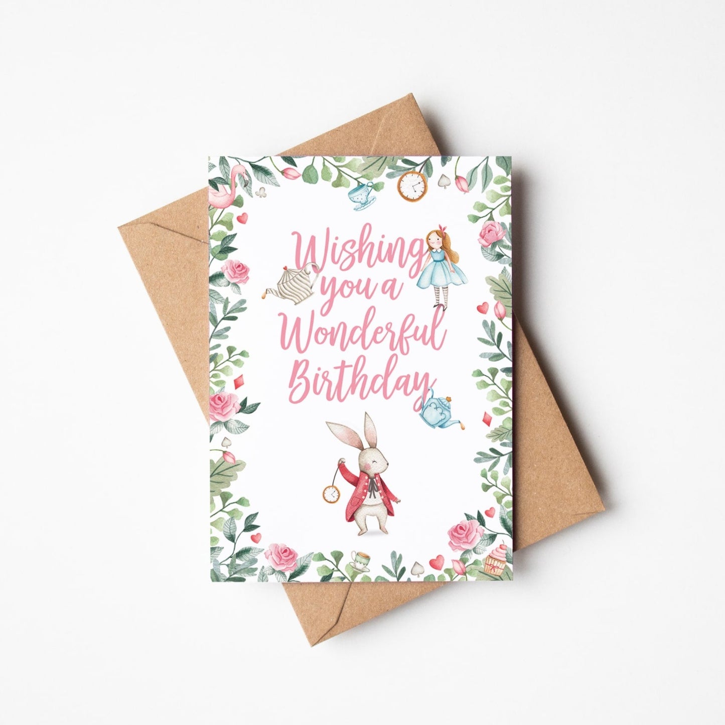 Alice in wonderland birthday card with kraft envelope