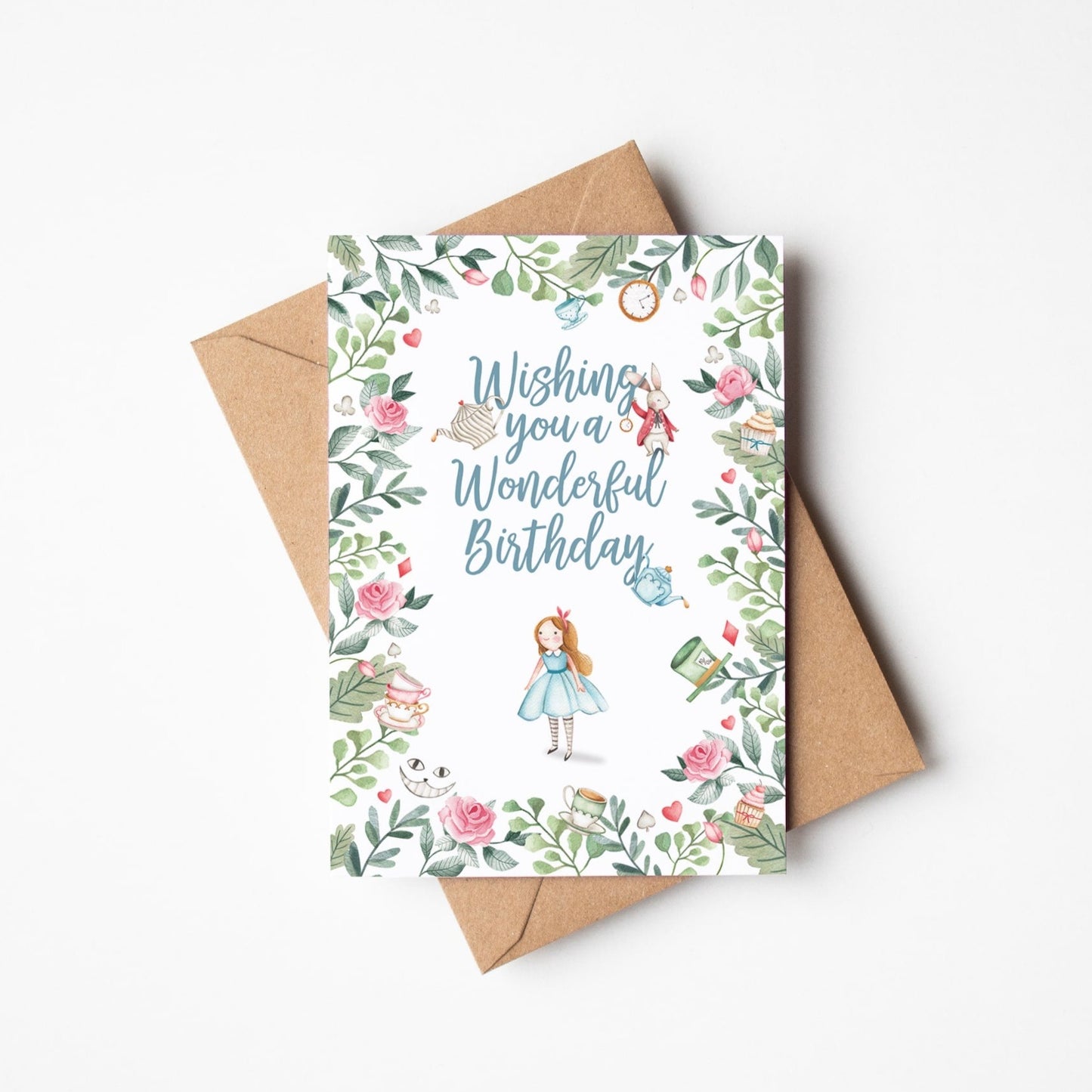 Alice in wonderland birthday card with blue text